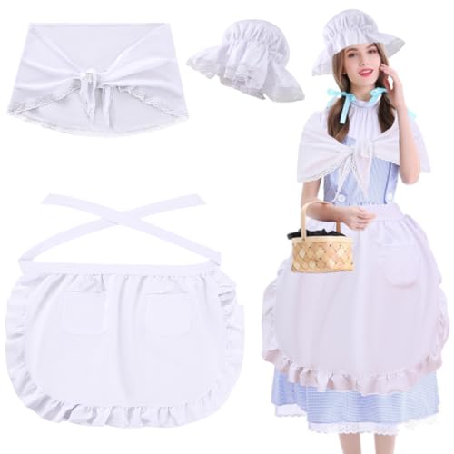 RRBXIA 3 Pieces ﻿Colonial Costume Women Set White Mob Cap Bonnet Shawl Half Apron Maid Pilgrim Peasant Costume Girls Cosplay