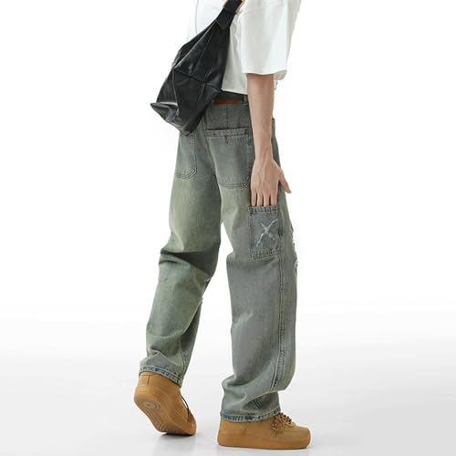 Baggy Jeans for Men Distressed X Ripped Wide Leg Denim Pants Vintage Washed Streetwear Skate Style3