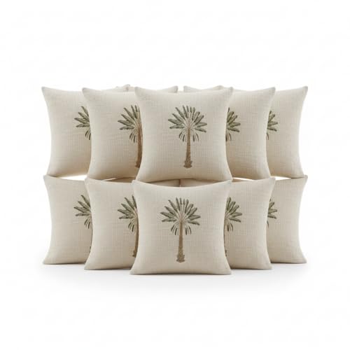 Image of Palm Tree Jute Cotton 10pcs Cushion Cover Set Decorative Throw Pillow Covers 40x40 cm, Beige Color (Pack of 10, 16x16 Inch)