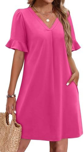OFEEFAN Summer Dresses for Women Ruffle Short Sleeve V Neck Casual Shift Dress with Pockets