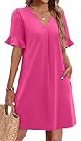 OFEEFAN Hot Pink Dress for Women Vintage V Neck Ruffle Casual Sheath Dress with Pockets XXL