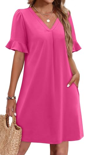 OFEEFAN Hot Pink Dress for Women Vintage V Neck Ruffle Casual Sheath Dress with Pockets XXL
