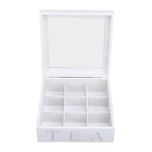 Tea Bag Holder Organizer, Tea Storage Chest Wood Decorative Box, 9 Compartments for Assorted Variety Of Tea Bags and Small Items (White)