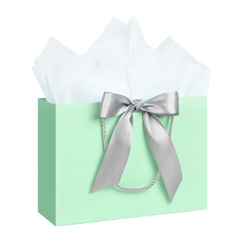 Image of JMANNI Gift Bags with Handles, 13 inch Medium Gift Bag for Presents, 1 Pcs Bags with 2 Tissue Paper and 1 Cards for Baby Shower Wedding Bridal Shower Mother's Day Birthday Party (Green)