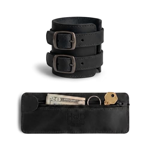 Image of Hide & Drink, Stylish Wrist Wallet Cuff, Wristband with Secret Pouch, Cash Holder, Money Organizer, Full Grain Leather, Handmade, Charcoal Black