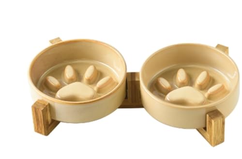 早食い防止 食器 ペット ボウル 台 フードボウルスタンド犬 猫食器 陶器 犬猫用 餌入 木製 ペット皿 滑り止め 安定感 取り外し可能 (給餌ボウル+二つの木製スタンド,ブラウン)