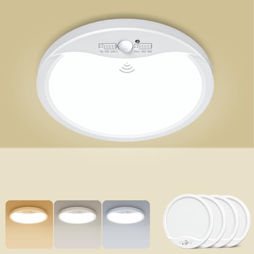 zemty 9inch 18W Motion Sensor Ceiling Light Wired, 3 Sensing Modes Motion Activated Closet Lights White, 3000K/4000K/6500K Waterproof LED Ceiling Lamp for Pantry Closet Shower Hallway-4Pack