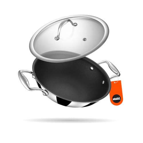 Image of Stahl Artisan Schild 2.4L, 24 cm Kadhai Triply Stainless Steel + PEEK-Reinforced Non-Stick Kadhai | Induction & Gas Compatible | with Glass Lid | Manufacturer Warranty