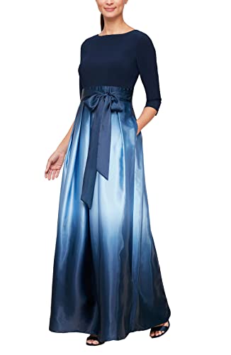 S.L. Fashions Women's Long Satin Mother of The Bride Dress with Pockets, Formal Party Gown, Navy and Wedgewood, 16