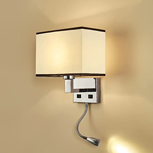 Lámpara de Pared, Lámpara de Pared for Lectura Junto a la Cama, lámpara de Pared con Brazo oscilante de 5 W, lámpara de Pared con Cable con Puerto USB y botón de Interruptor, Pantalla translúcida, co