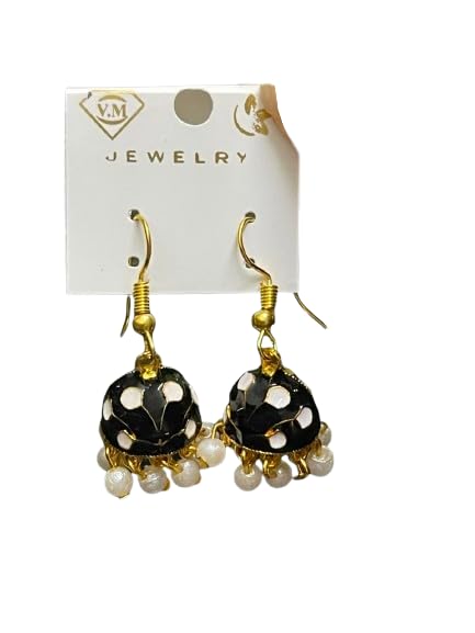 Black & Pearl Jhumka Earrings with Gold-Tone Accents-picture-32