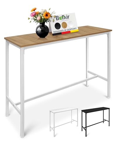 BeFair Bartisch Eiche/Weiß, 120x40x100 cm, Hochtisch mit Fußstütze, Industrial Design, Metallbeine – Komfort und Stabilität BeFair Bartisch Eiche/Weiß, 120x40x100 cm, Hochtisch mit Fußstütze, Industrial Design, Metallbeine – Komfort und Stabilität