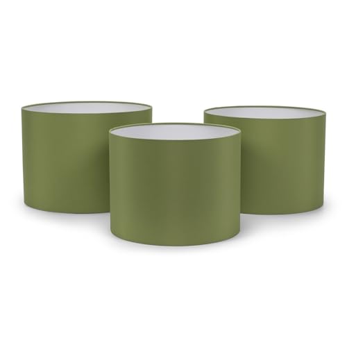 ValueLights | Set of 3 Small Medium Large Easy Fit Ceiling Light Shades Nesting Fabric Drum Lampshades - Olive Green - LED Bulbs Included | Shades & Home Improvements Essential | 30cm Shade Width