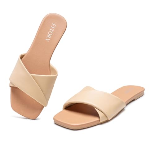 FITORY Women's Flat Sandals, Square Fashion Slides with Cross-Strap, Soft Leather Slippers for Summer Size 6-11