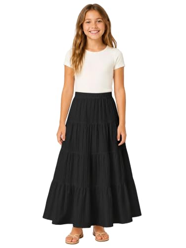 Image of Girls Tiered Maxi Skirt Boho Flowy Peasant Long Skirt for Kid 7-14
