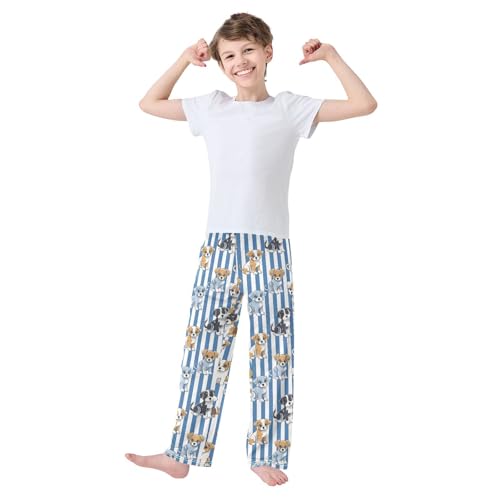 Cute Cartoon Puppies on Blue and White Striped Pajamas Bottoms with Pockets Comfy Pjs Sleepwear Elastic Waistband Pajamas Pants Lounge Pants for 6-14 Years2