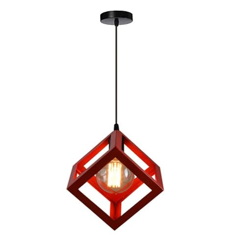 TOKTOP Suspension Luminaire Moderne Lustre Forme Cube Métal E27 Plafonnier Géométrique Style Suspendu pour Enfant Chambre Ado Salon Restaurant, Rouge