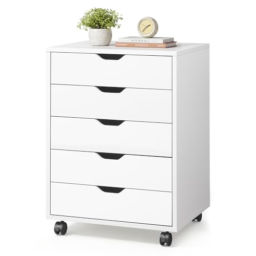 Image of DEVAISE 5 Drawer File Cabinet, Wood Under Desk Drawers Chest Rolling Vertical Filing Cabinet Storage Furniture for Office Home White