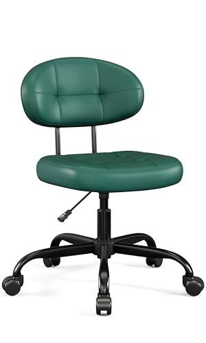 Image of Misolant Vanity Chair with back, Small Armless Cute office Chair with wheels and Lumbar support, Comfy PU Leather Desk Computer Chairs with Adjustable Height, 360Swivel for Home Bedroom Office, Green