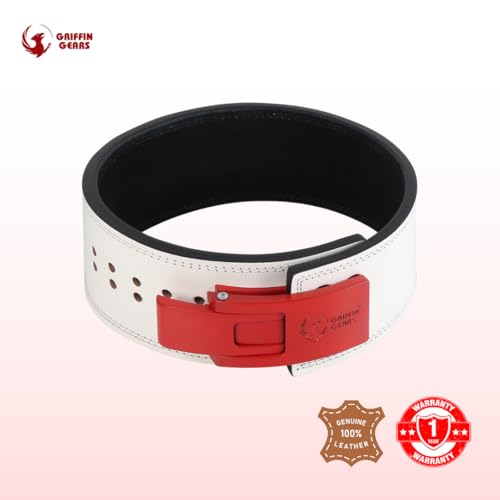 Image of 10MM Lever Gym Belt for Men & Women | 100% Full Grain Genuine Leather Powerlifting Belt | IPF Standard Weight Lifting Belt | White Belt with Red Buckle | Size Medium