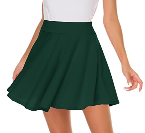 Afibi Casual Mini Stretch Waist Flared Plain Pleated Skater Skirt (X-Small, Dark Green) #TOP1