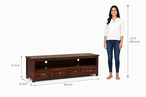Image of Sheesham Solid Wood TV Cabinet for Living Room | Handcrafted Wooden TV Unit with Storage | Elegant Entertainment Stand for Modern Homes (4 Drawer Tv Cabinet, Walnut)