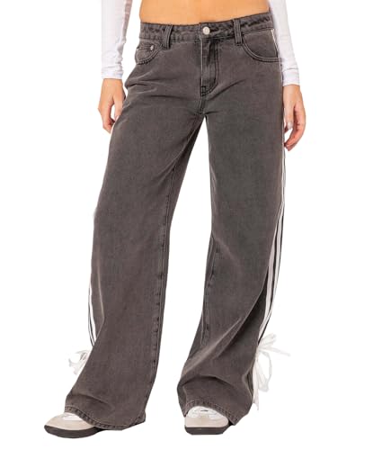 cffvdiz Coffee,S, Women's Mid Waist Baggy Straight Leg Jeans Side