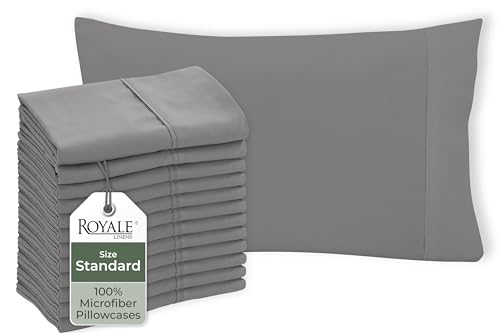 Image of Royale Linens Grey Pillowcase Set Of 12 - Standard 20 inchx26 inch Bed Pillow Cover - 1800 Brushed Microfiber - Wrinkle & Fade Resistant - Bulk Pillow Case - Hotel Quality Pillow Case 12 Pack (Standard, Grey)