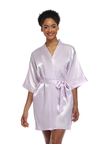 Feelia Women's Short Silky Kimono Robes Lightweight Pure Bathrobe Bridesmaid Wedding Party Sleepwear - Thumbnail 2
