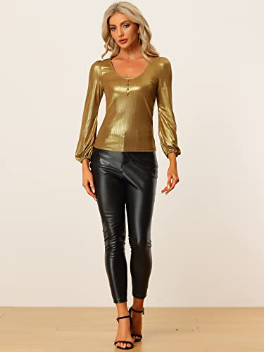 Image of Allegra K Metallic Blouse for Women's Sparkly Party Club Shiny Bishop Sleeve Disco Glitter Tops