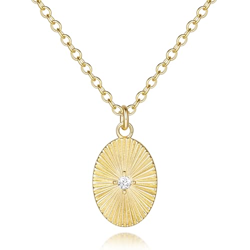 14K Gold Necklaces for Women Gold Pendant Necklace for Women with Cubic Zirconia Radiating Fan Texture Dainty Oval Necklace for Womens