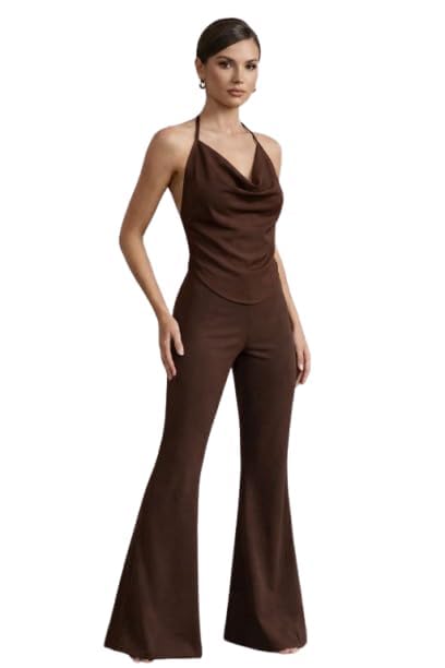 Women Halter Neck Sleeveless Top & Flared Pants Co-Ord Set | Slim Fit Backless Cami Jumpsuit Style Outfit | Casual Party Stylish Matching Set for Women (Black, S)-image-47