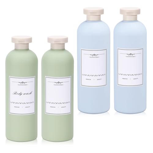 UMETASS Travel Shampoo Bottle, Empty Plastic Squeeze Bottles 13.5oz with Flip Cap, Lotion Container for Toiletries Travel Size Shampoo and Conditioner (2 pack blue, 2 pack green)