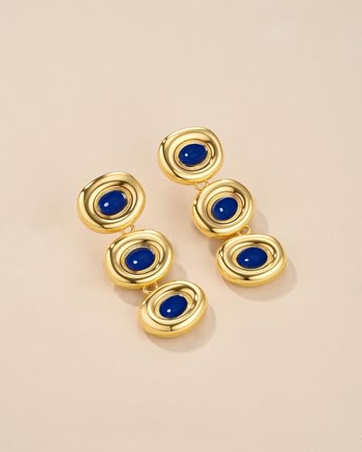 Gold Blue Circular Round Oval Lapis Lazuli Resin Gemstone Long Dangle Drop Statement Earrings for Women by SNGIA, Chunky Vintage Retro Boho Bold Handmade Natural Exaggerated Trendy Bohemian Jewelry Gifts, Unique Baroque Dangling Stone Summer Beach Fashion Stud Earrings Accessories, Nickle Free Huggies Earrings3