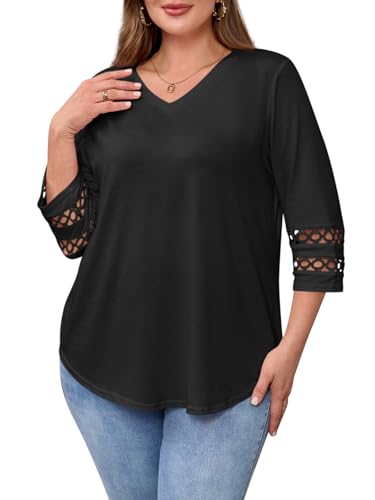 Beautife Womens Plus Size 3/4 Sleeve Tops V Neck Loose Fit Tee Shirts Dressy Casual Eyelet Lace Tunic Blouse2