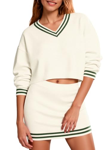 Fisoew Womens 2 Piece Outfits Casual Long Sleeve V Neck Knit Cropped Sweater Mini Skirt Sets Fall Loungewear