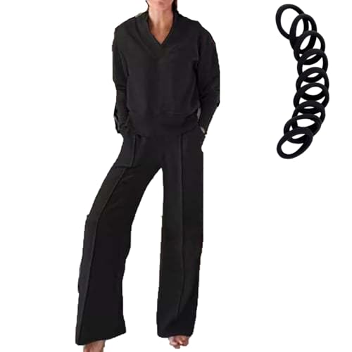 Women's Solid Color V-Neck Top & Pants Two-Piece Set, Sweatshirt Sets for Women, Women's Wide Leg Lounge Pants Set