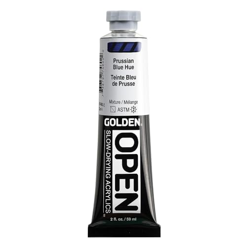 GOLDEN OPEN Slow-Drying Acrylics, Prussian Blue Hue, 2 fl oz. tube, Professional Acrylic Paint, Semi-Transparent
