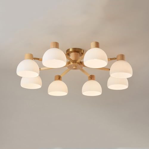 LKJOZCR Nordic Style E27 Flush Mount Ceiling Light Fixture, Retro Striped Glass Lampshade Ceiling Lamp, Natural Rubber Wood Lamp, Body for Bedroom, Living Room Lighting Fixtures(8-Lights)