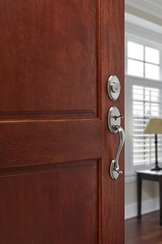 Image of Kwikset Shelburne Front Door Lock Handle and Deadbolt Set, Entry Door Handleset Exterior with Tustin Interior Reversible Lever, Satin Nickel, Pick Resistant SmartKey Rekey Deadbolt Security