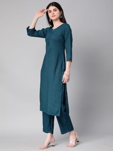 Image of Hritika Self Design Viscose Rayon Teal Kurta & Trousers Set (HRKB0048TEAL XS)