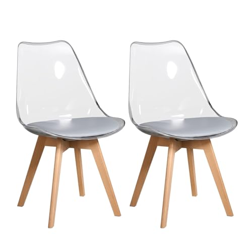 2 Chaises Tulipes Salle à Manger Scandinaves BM Home Salle de Bureau, Pieds en Bois de Hêtre Massif, Transparente, Assise Grise