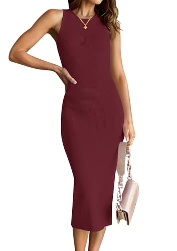 Image of HAEOF Women's Summer Bodycon Midi Sweater Dress 2026 Spring Casual Sleeveless Ribbed Knit Vacation Party Work Long Dresses