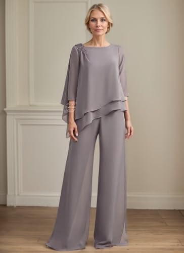2 Pcs Pant Suits for Women Dressy Elegant Lace Applique Tiered Chiffon 3/4 Sleeve Mother of The Bride Pantsuits for Wedding2