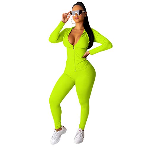 Pulkritu Women's Two Piece Tracksuit Set Long Sleeve Zipper Hooded Jacket + Sweatpants Sweatsuit Jogger Workout Set (Neon Green,Medium)