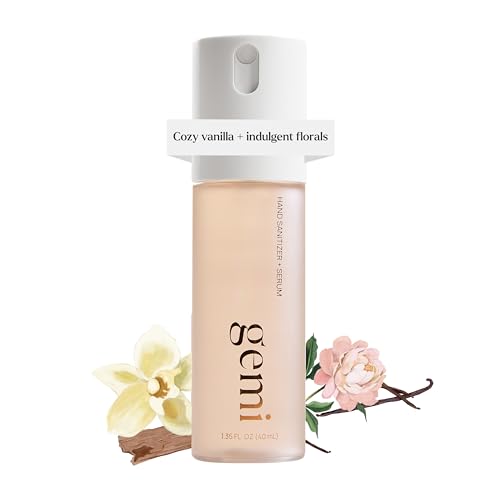 gemi Hand Sanitizer + Serum™ Spray | Elysium | Hydrating K-Beauty Formula with Centella, Vitamin B5 & Green Tea | Kills 99.9% of Germs | Amber Floral Scent with Vanilla & Peony