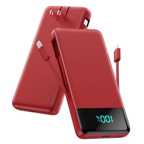 Image of Portable Charger for iPhone,13800mAh Slim Power Bank with Built-in Cables & AC Wall Plug,All in One 4 Outputs USB C Fast Charging Battery Pack Travel Essential for iPhone 17 /16 /15 /14,Android (Red)