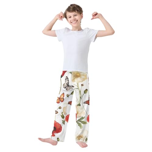 Poppy Flowers Butterfly Boys Long Pants Soft Trousers Elastic Waist Kids Lounge Bottoms with Pockets S-XL3