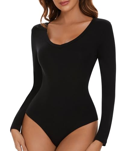 SHAPERIN Body Damen Langarm V-Ausschnitt Damenbody Langarmbody Tanga...