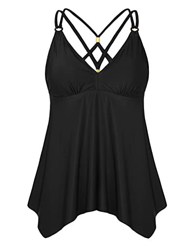 Hilor Women s V Neck Swim Tops Flowy Handkerchief Swimsuits Bathing Suits Tankini Tops Black 14